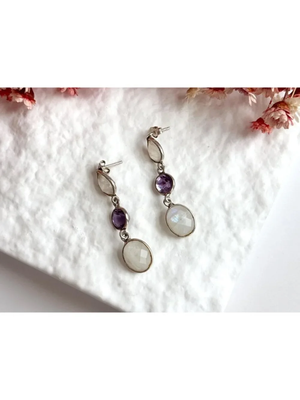 Moonstone & Amethyst Multi Gemstone Vintage Sterling Silver 925 Dangle Earrings